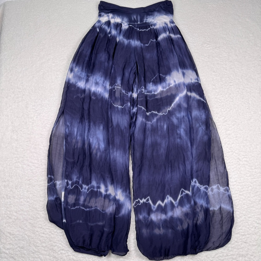 Gigi‎ Moda Silk Jasmin Digitale Slit Pants One Size Wide Leg Tie Dye Blue White
